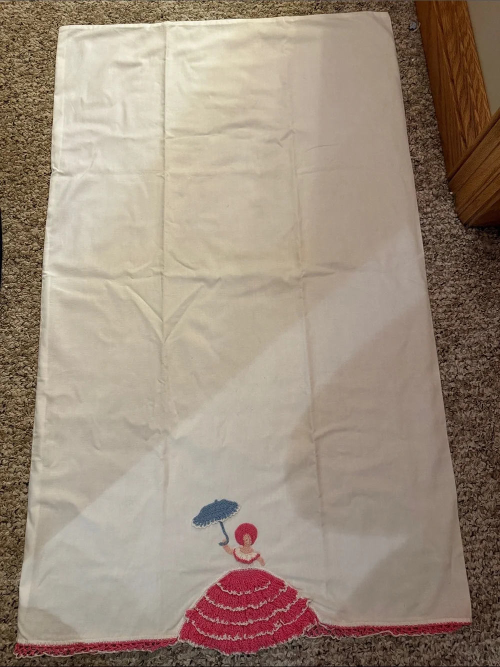 Embroidered White Cotton Bedding Throw with Pink Lady Motif